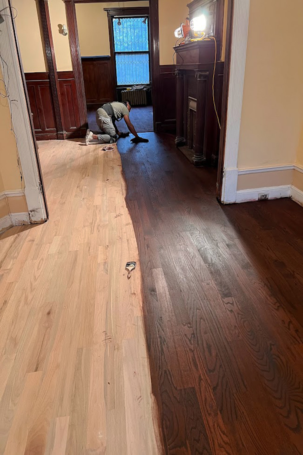 Park Slope · Refinish · Hardwood · Stain — job proof during stain